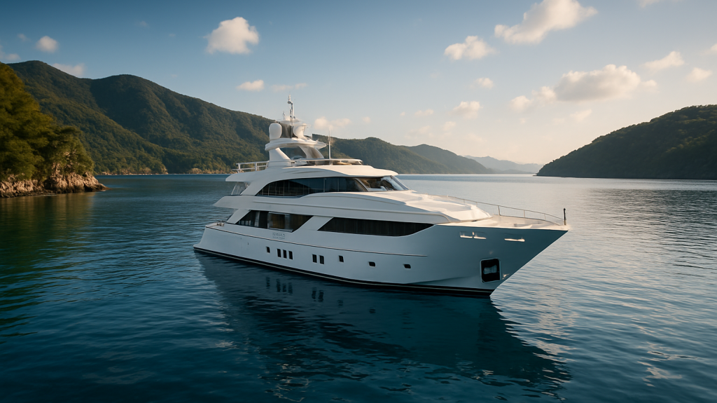 A luxury yacht anchored in calm waters with mountainous landscape in the background.
