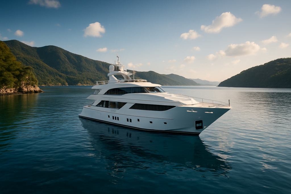 A luxury yacht anchored in calm waters with mountainous landscape in the background.