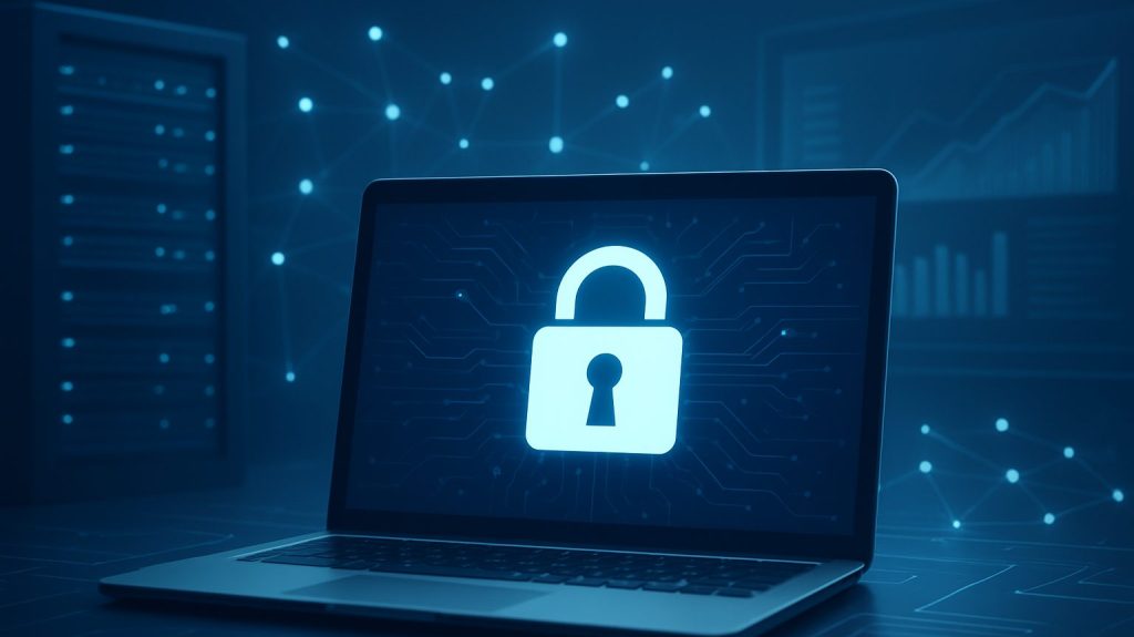 A laptop displaying a padlock symbol on its screen, representing cybersecurity