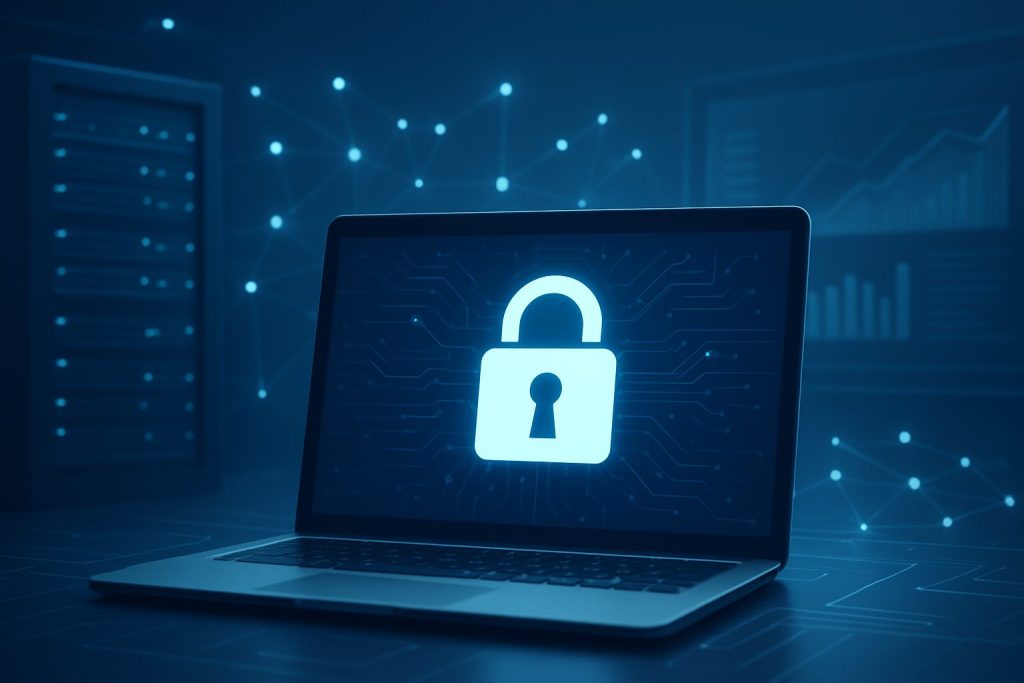 A laptop displaying a padlock symbol on its screen, representing cybersecurity