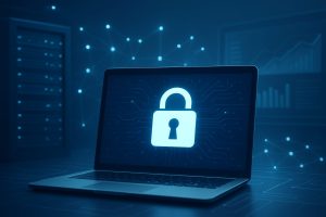 A laptop displaying a padlock symbol on its screen, representing cybersecurity