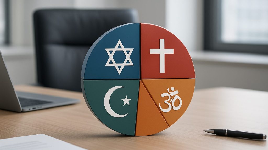 A color-coded circular model representing different religious symbols placed on a wooden desk in an office environment.