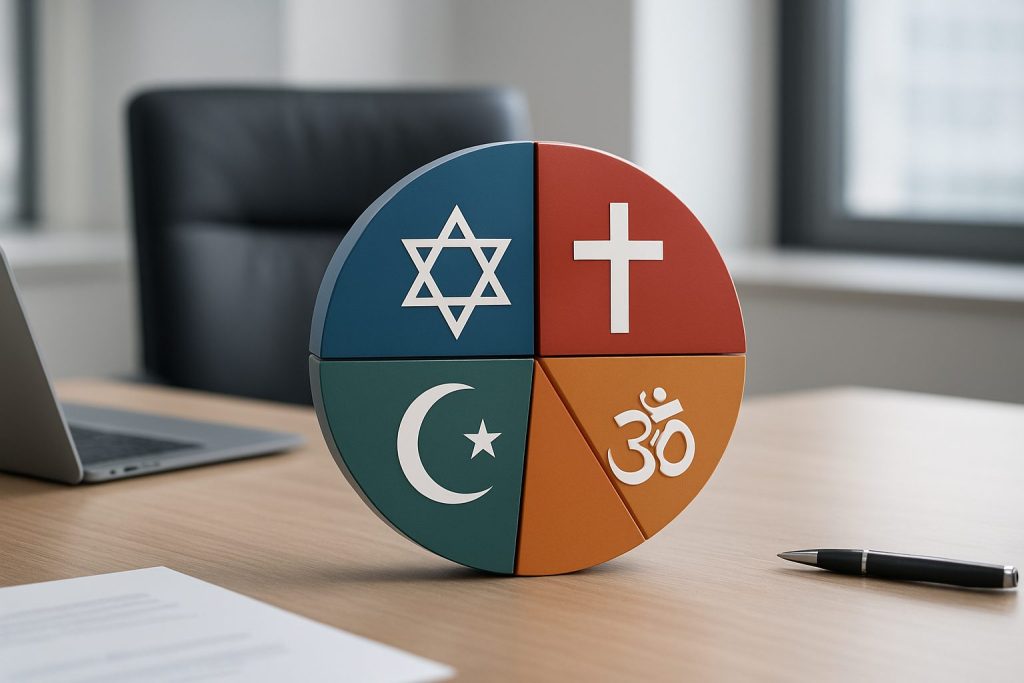 A color-coded circular model representing different religious symbols placed on a wooden desk in an office environment.